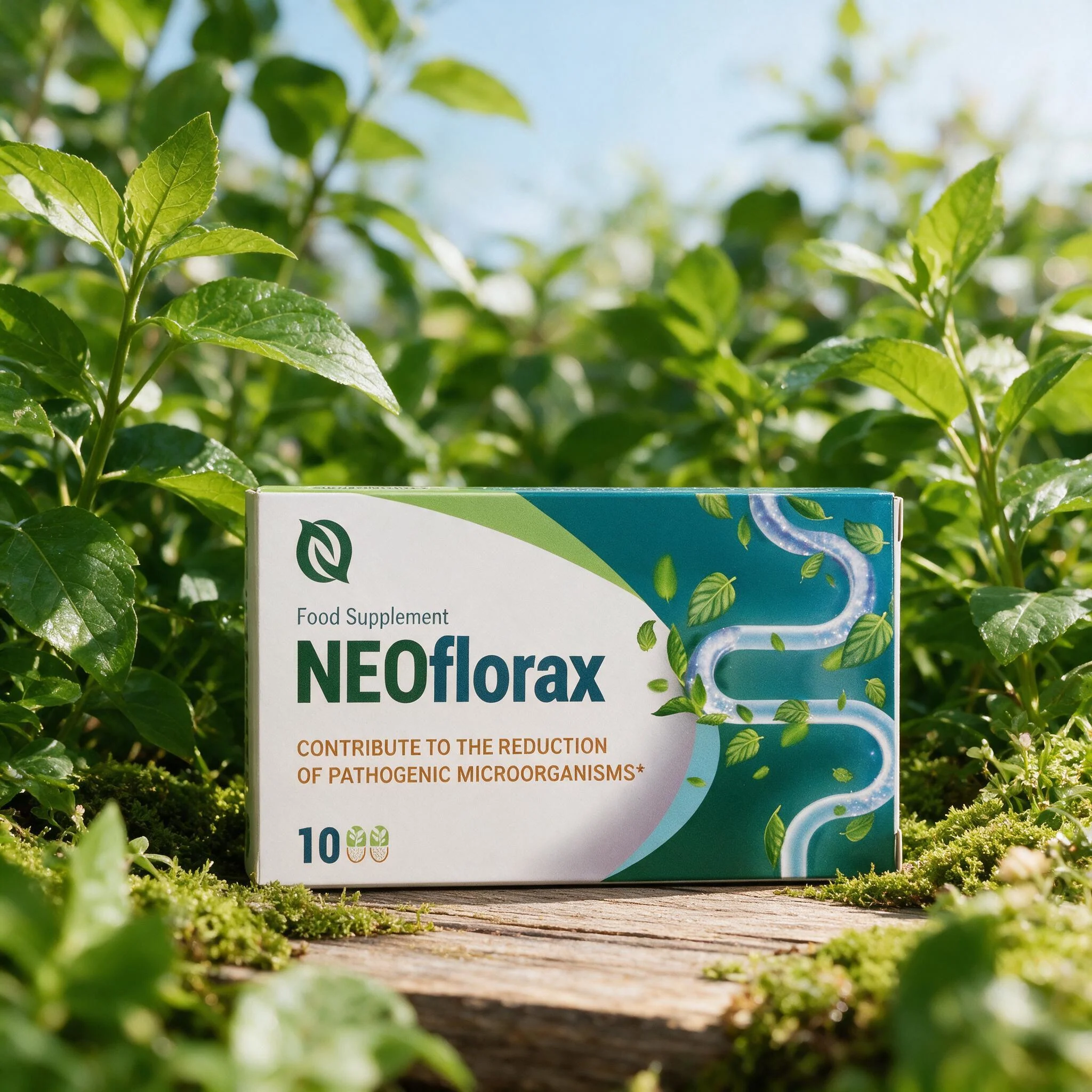 Neoflorax cápsulas presentado en un entorno natural rodeado de vegetación