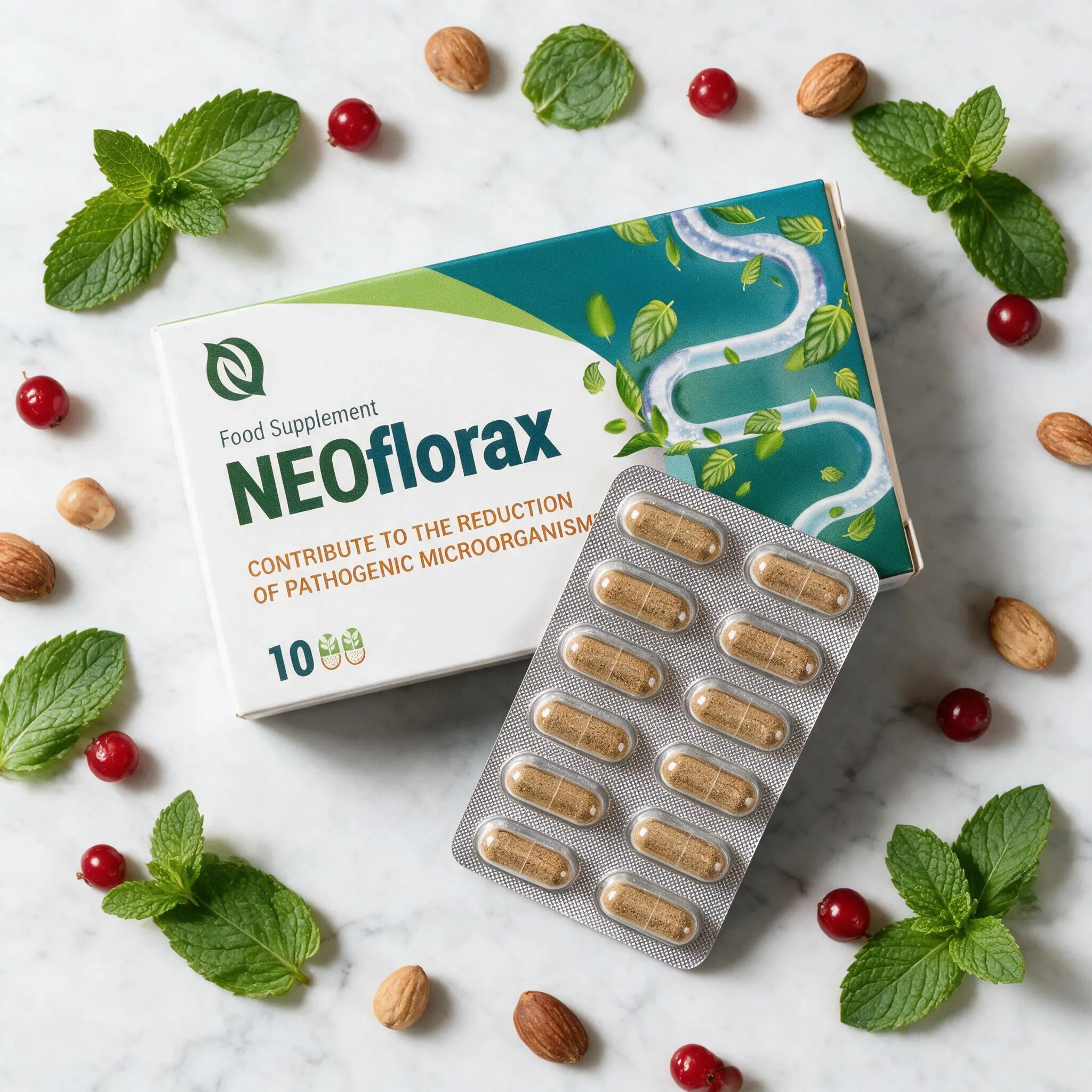 Ingredientes naturales y presentación de Neoflorax sobre mármol con hierbas frescas