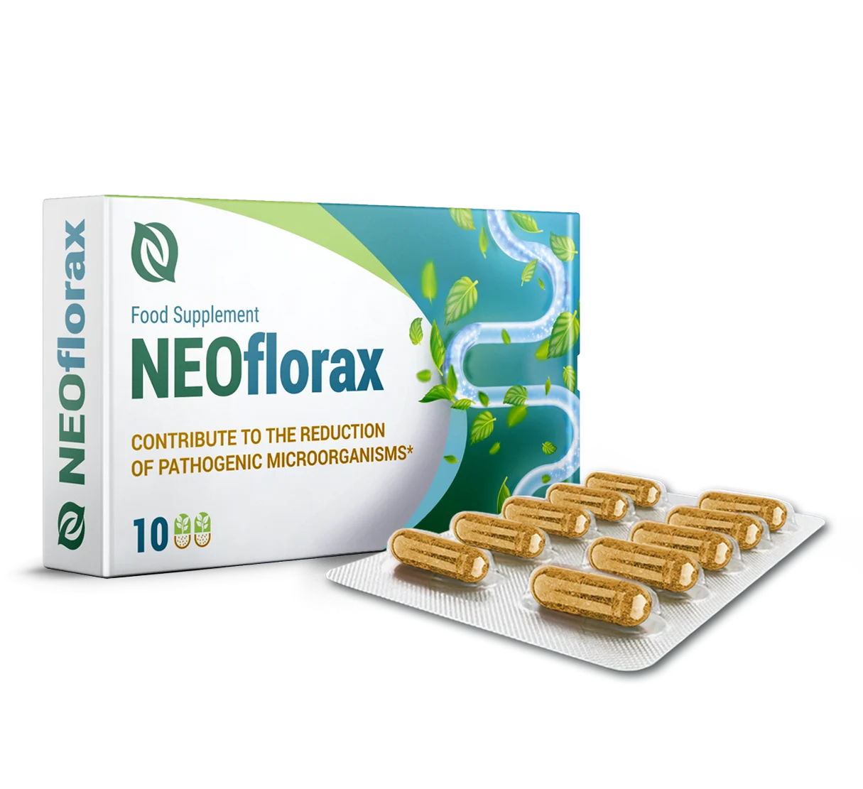 Detalle del blíster de 10 cápsulas vegetales de Neoflorax y caja oficial